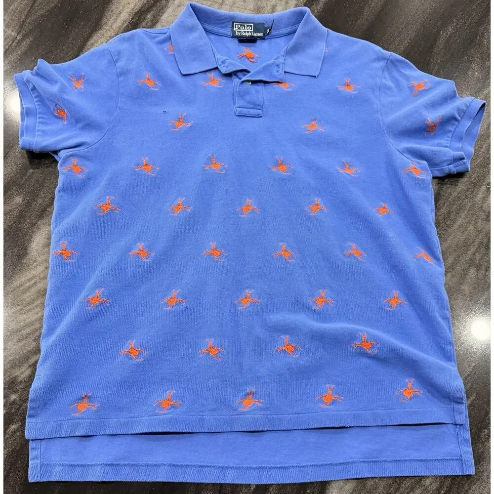 Polo Ralph Lauren Spider Print Polo Shirt XL Blue Orange Embroidered Halloween